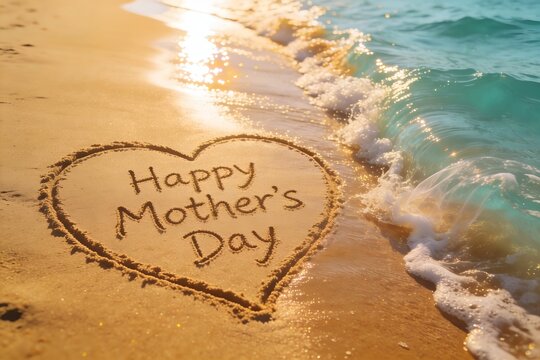 Happy mother day text written in a heart shape on the golden sand of a tropical beach during a beautiful sunny morning at the seaside