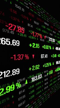 Abstract stock exchange ticker tape, prices and percentage changes, market data. Investing, buying, selling, price up and down, risk, volatile, growth.