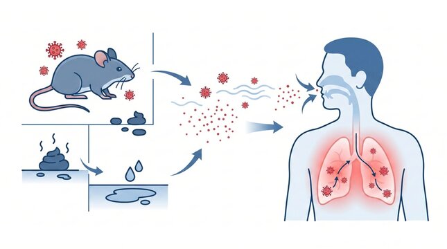 Modern medical infographic illustrating hantavirus transmission from infected field mouse droppings to airborne particles and human lung infection in a clean minimalist vector style.