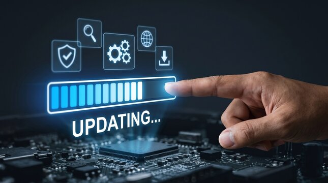 Closeup of a human finger touching a digital loading bar with update icons above a computer circuit board representing software system update