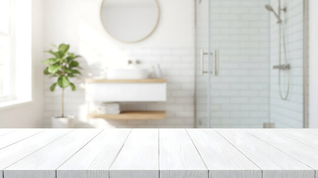 White wooden slatted tabletop background with blurred bright modern bathroom interior for product display