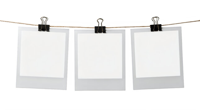 Set of three hanging polaroid photos with clips for memory scrapbooking and travel display frontal isolated png on a transparent background perfectly cutout high resolution