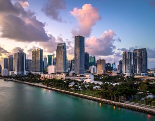 Obraz premium Miami cityscape with waterfront and skyscrapers.