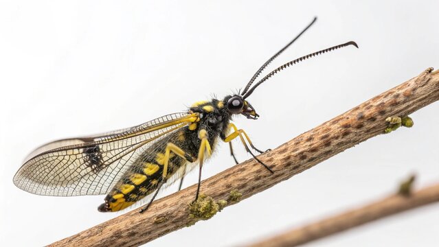 Macro portrait of an Owlfly (Ascalaphidae) with large eyes and long antennas, isolated on white.