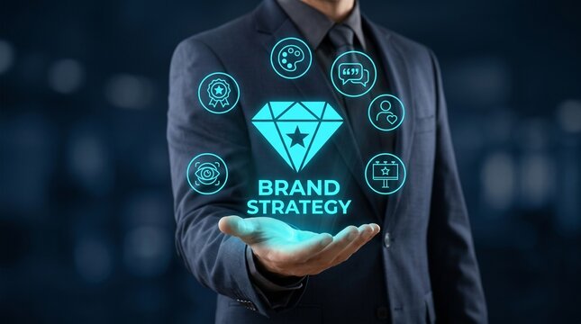 Brand strategy concept with a businessman holding a glowing diamond icon surrounded by digital marketing and branding symbols