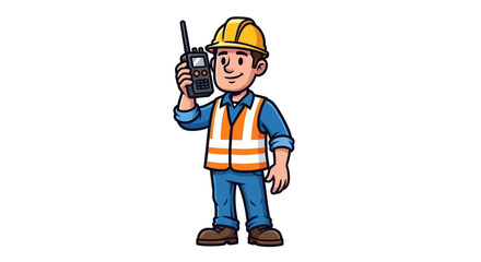 Fototapeta premium Cartoon construction worker using walkie talkie on white background