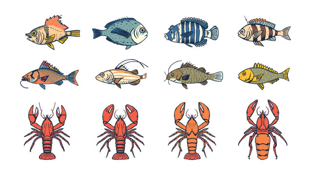 Marine Fauna Illustration: A detailed illustration showcasing a diverse array of marine life, including various fish and lobsters, all set against a clean, uncluttered backdrop.