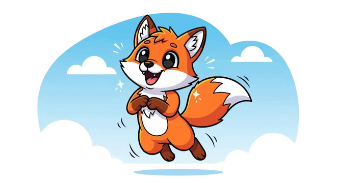 Cartoon fox character jumping with happy expression against blue sky background