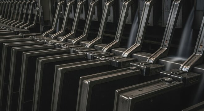Row of Polished Steel Industrial Machine Components with Reflective Surfaces