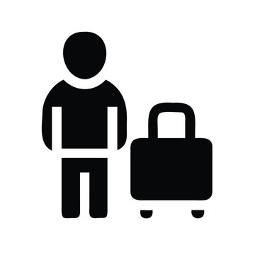Person with rolling suitcase icon - Minimal black and white vector icon of a person pulling a suitcase, simple and clean design.