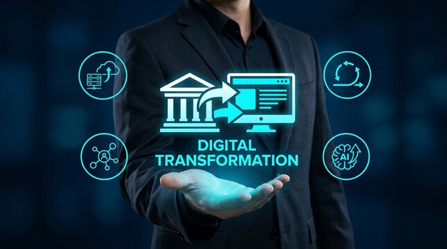 Digital transformation concept with banking institution and computer interface