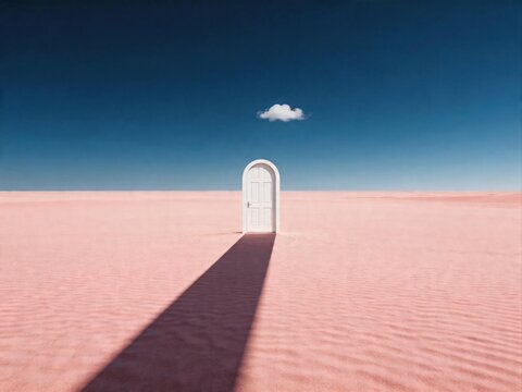 Surreal white arched doorway stands in a vast pink desert landscape under a clear blue sky with a single fluffy cloud