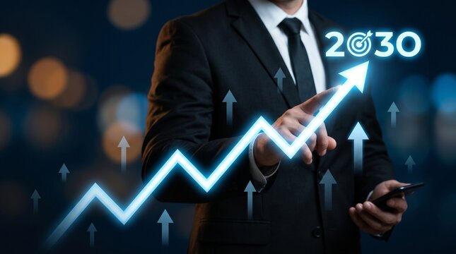 Businessman pointing at a glowing digital growth chart with a 2030 target, representing future business success, strategic planning, and financial growth