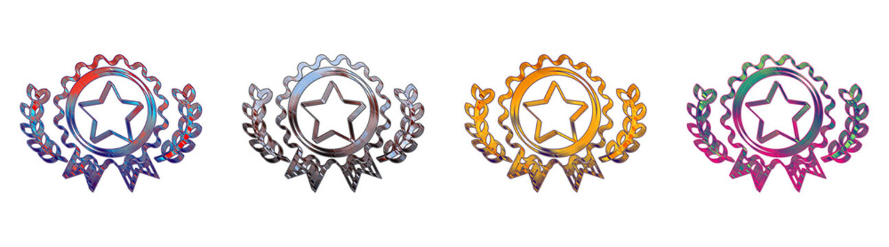 Set 3D isometric badge and ribb on badge outline pictograms. Achievement badge icon collection and design. Glossy icon illustration. Professional icon set illustration.