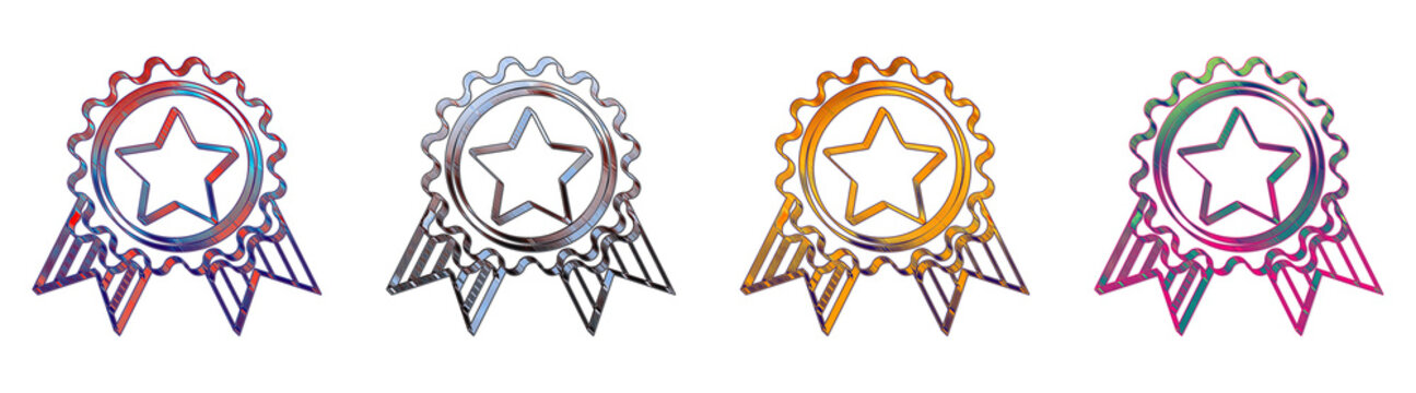 Isolated 3D isometric badge and ribb on outline icons with turquoise blue gradient. Achievement badge icon collection and design. Render illustration.