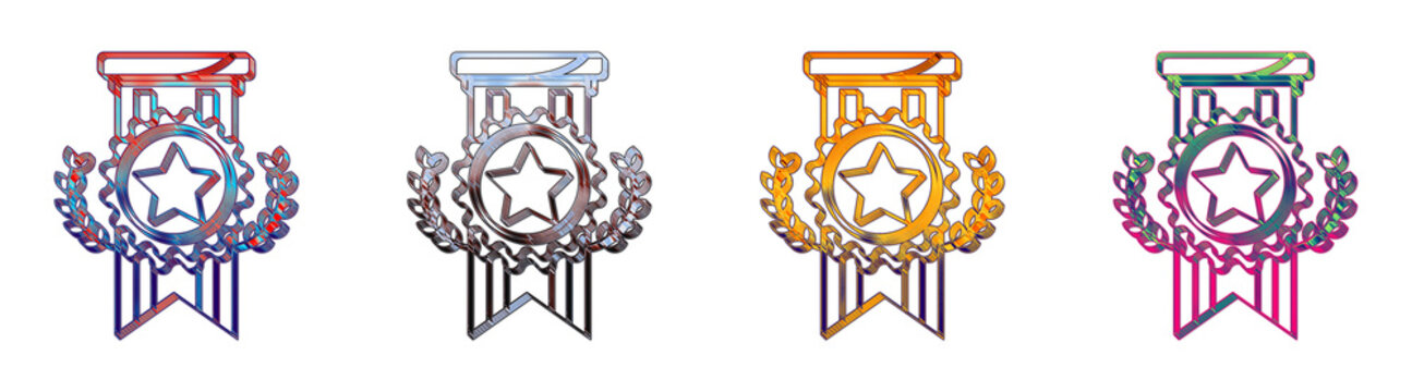 Set of 3D liquid glass badge, star ribb on badge outline, and star ribb on badge icon isolated on transparent background, symbols for Achievement badge icon collection and design.