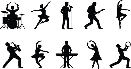 Set of professional musician and dancer silhouettes featuring drummers singers guitarists and ballet performers for stage and entertainment industry projects © MstNilufar