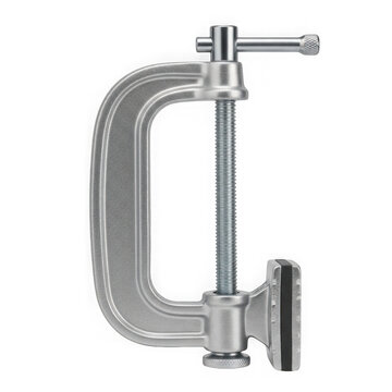 Close-up of a classic c-clamp holding a metal bar tightly