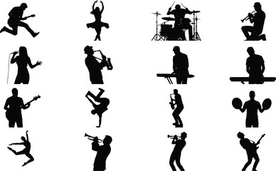 Diverse collection of professional musician and dancer silhouettes including drummers guitarists singers and performers for live music and entertainment branding © MstNilufar