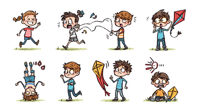 Kite Flying Playtime: A collection of children in playful poses flying a kite, depicting the joy and adventures of outdoor activities.