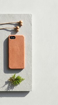 Top view of an eco-friendly terracotta clay phone case, wooden earphones, and a small green branch on a stone surface, sustainable lifestyle and natural materials conce