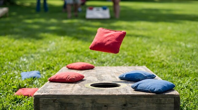 Cornhole game in progress on lush green lawn outdoor recreation