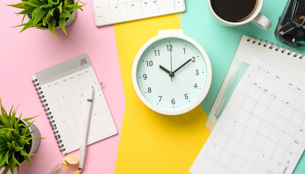 Flatlay Colorful Office Workspace with Clock and Calendar