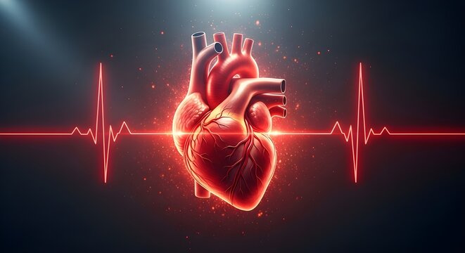 Human heart with ecg line on dark background glowing red