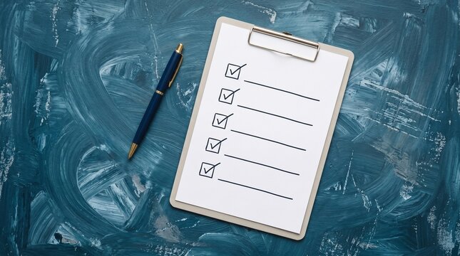 Clipboard with a checklist and a pen on a blue textured background