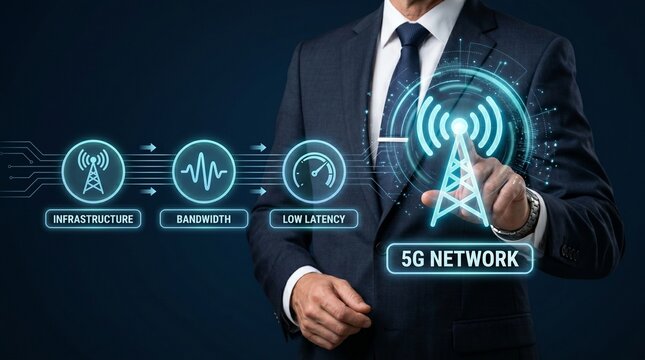 Businessman interacting with a 5g network interface