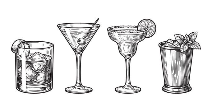 Cocktail Glassware Set, Vintage Hand-Drawn Alcohol Drink Engraving