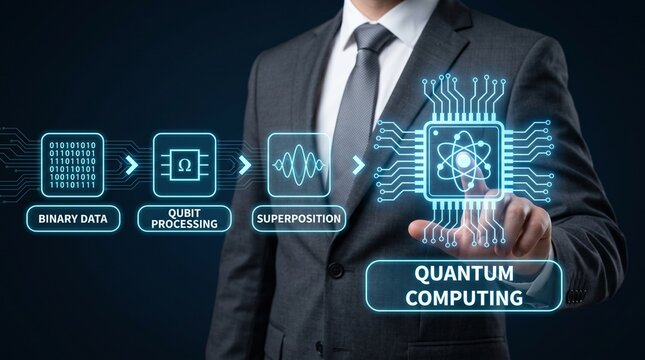 Businessman interacting with a digital interface representing the process of quantum computing