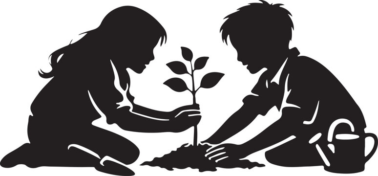 silhouette of siblings planting tree sapling together