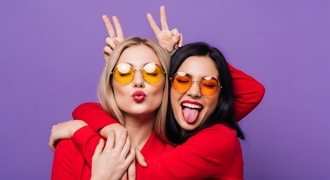 Illustration of two joyful young women with sunglasses making peace signs