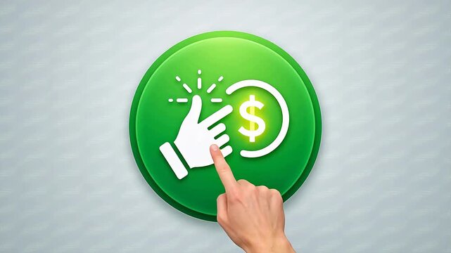 Hand pressing green dollar sign button for creative digital media and visual arts