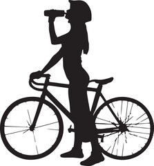 Fototapeta premium Cyclist silhouette drinking water, female athlete with road bike vector, woman bicyclist hydrating during outdoor workout, sports training illustration