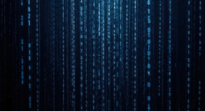 Flowing vertical binary code creating a digital data stream on a dark blue background