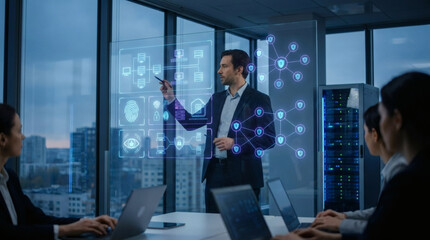 Fototapeta premium Professional cybersecurity consultant analyzing digital privacy risks and compliance systems on transparent virtual interface, secure cloud network, encrypted data flow, biometric verification, glowin