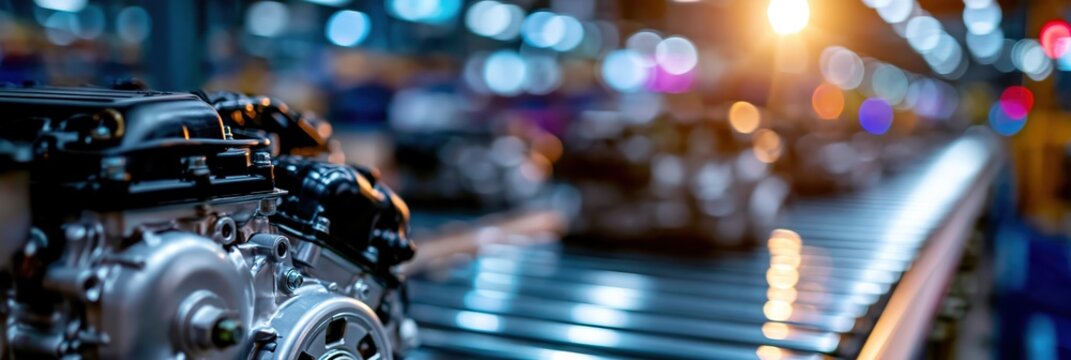Engine assembly conveyor in an automotive manufacturing facility with defocused industrial background