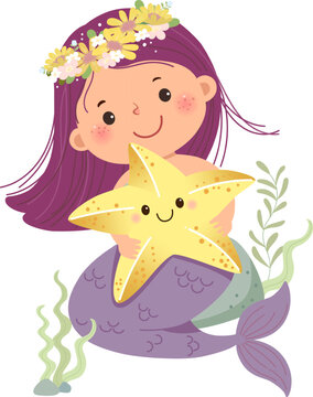 Cute little cartoon mermaid with long hair and purple fishtail with starfish