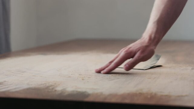 Slow motion slide orbit shot of man hand checking sanded black walnut wood table