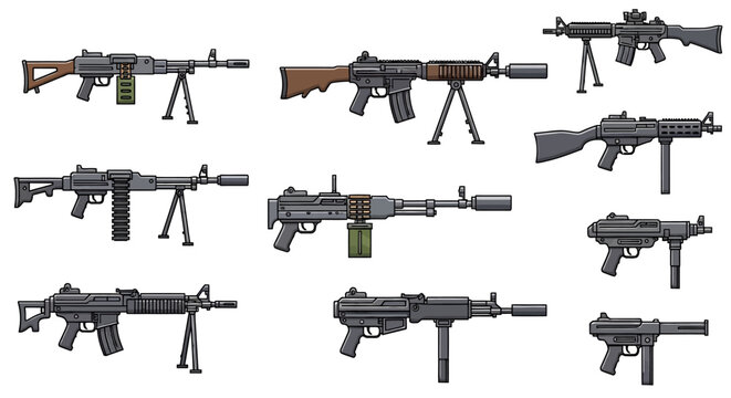 Collection of various detailed weapon illustrations against a white background