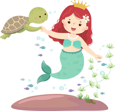 Cute little cartoon mermaid with long red hair and green fishtail swimming with sea turtle