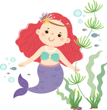 Cute little cartoon mermaid with long red hair and purple tail swimming in underwater world