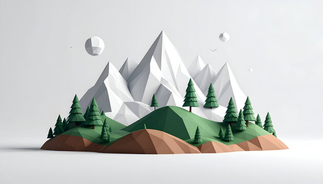 Low Poly Geometric Mountain Landscape with Pine Trees and Spheres.