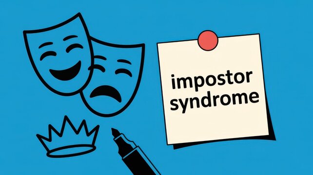 Impostor Syndrome Concept with Masks, Crown, Marker, and Sticky Note on Blue Background