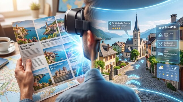 A person using virtual reality technology to explore a scenic landscape while viewing a travel brochure