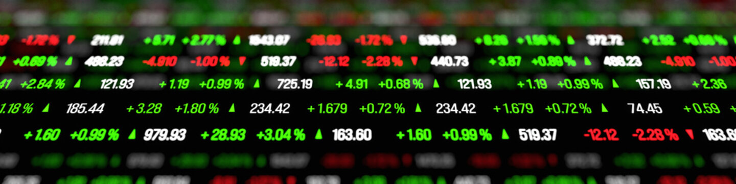 Abstract stock exchange ticker tape, prices and percentage changes, market data. Investing, buying, selling, price up and down, risk, volatile, growth.
