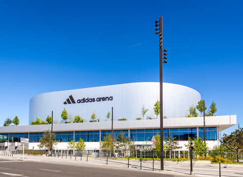 Paris, France - April 7, 2026: West view of the Arena Porte de la Chapelle, aka Adidas Arena, a 8,000 seats sports and concert venue, home arena of the Paris Basketball club, opened in 2024.