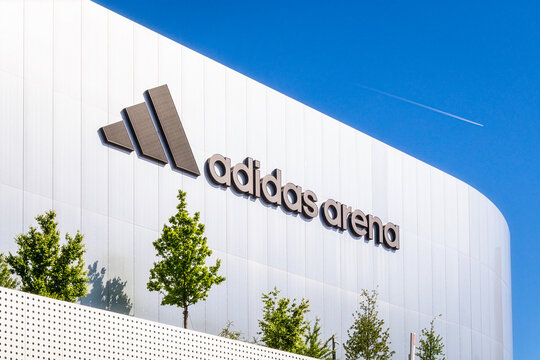 Paris, France - April 7, 2026: Close-up of the logo on the Arena Porte de la Chapelle, aka Adidas Arena, a 8,000 seats sport and concert venue, home arena of the Paris Basketball club, opened in 2024.